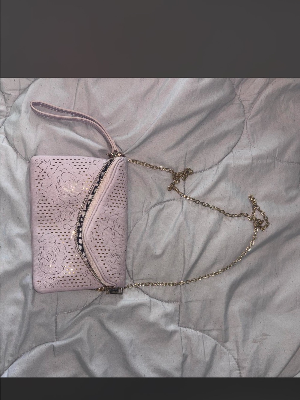 Lilac Floral Laser-Cut Wristlet Crossbody Bag with Gold Chain